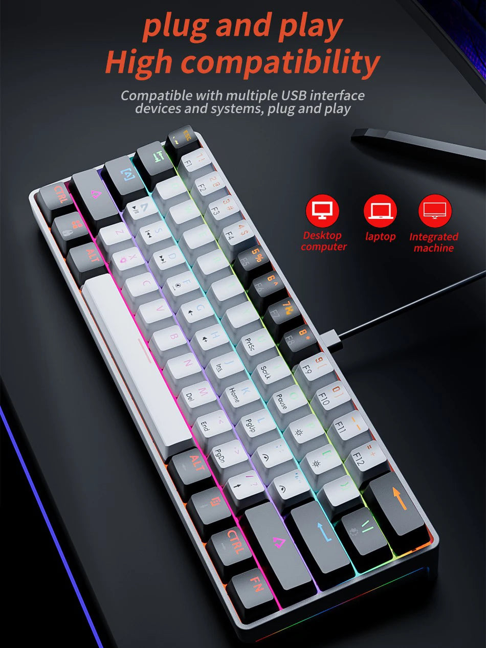 MUCAI clavier mécanique 61 touches mini portable filaire effet de lumière fraîche axe rouge échangeable à chaud e-sports jeu clavier de bureau
