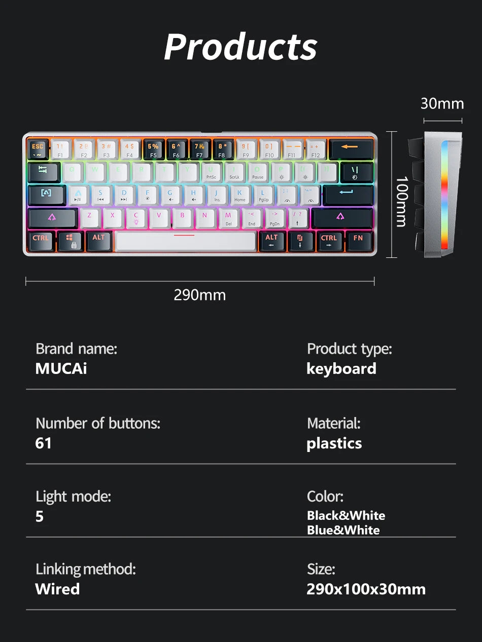 MUCAI clavier mécanique 61 touches mini portable filaire effet de lumière fraîche axe rouge échangeable à chaud e-sports jeu clavier de bureau