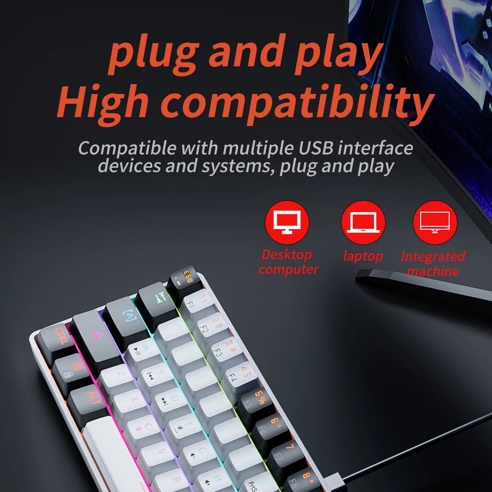 MUCAI clavier mécanique 61 touches mini portable filaire effet de lumière fraîche axe rouge échangeable à chaud e-sports jeu clavier de bureau